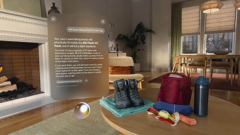 Augmented reality scene in a cozy living room, showing a floating text panel above a table with hiking boots, folded clothes, rope, flashlight, bottle, and camping gear near fireplace and dining area