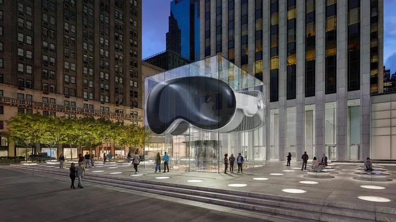 Evening city plaza with people walking around Apple's glass cube store, featuring an enormous translucent virtual reality headset above, surrounded by tall office buildings and glowing circular ground lights