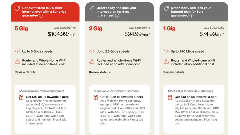Verizon's new 5 Gig data plan is shown from screen grab of its website