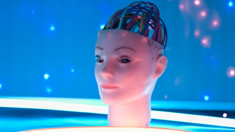 Science fiction robot head and abstract lights background