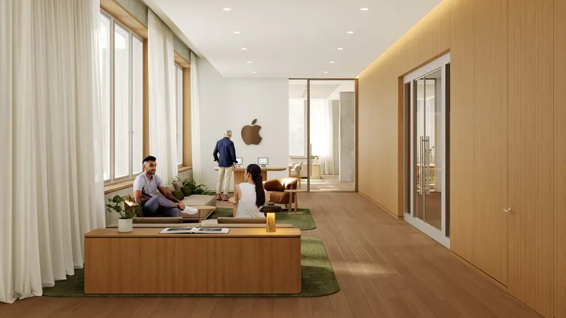 Modern office lounge with wooden floors, large windows, and white curtains; three people sit and stand around low sofas and plants near a glass-walled meeting room with an Apple logo on the wall