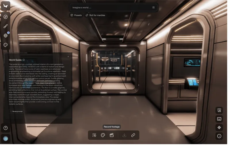 Space ship environment created in Marble with text prompt overlayed. Note how the lights are realistically reflected in the hub's walls.