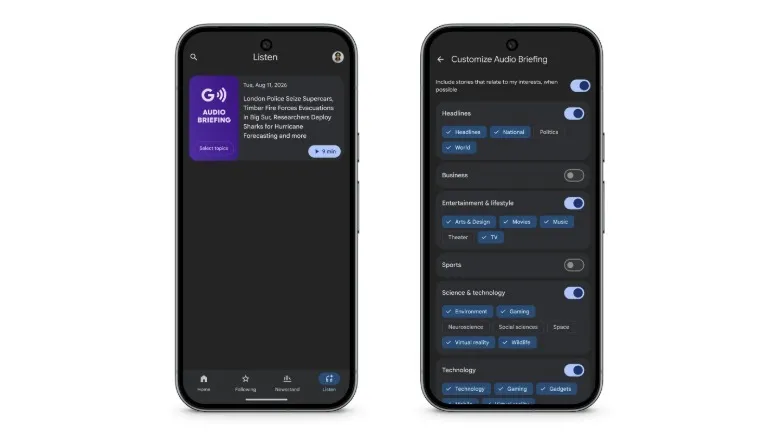 Two screenshots show how Google News users can customize their audio briefings.