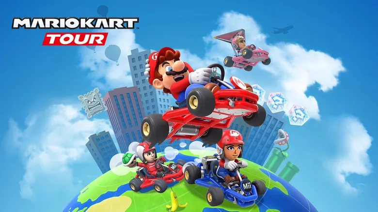 A logo reading "Mario Kart Tour" is positioned above Mario and Mii characters in karts as they race across a world.