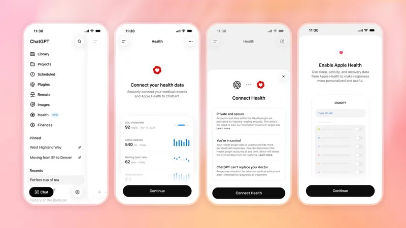 Four smartphone screens show a ChatGPT app interface guiding a user through connecting health data and enabling Apple Health, with menus, charts, toggle switches, and large black Continue buttons