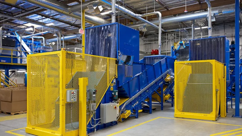 Industrial factory floor with large blue conveyor machinery, surrounded by yellow safety cages and control panels, under a high ceiling filled with metal ventilation ducts and overhead lighting