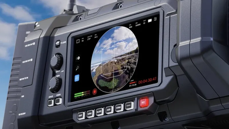 Close-up of a professional video camera's control screen showing a rocky coastline scene, framing guides, recording indicators, and surrounding buttons, dials, and ports on the camera body