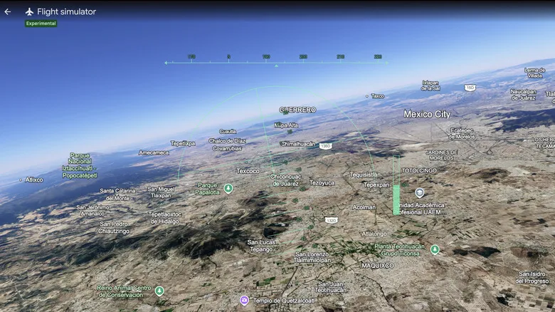 Screenshot of flight simulator mode in Google Earth showing an aerial view over Mexico City.
