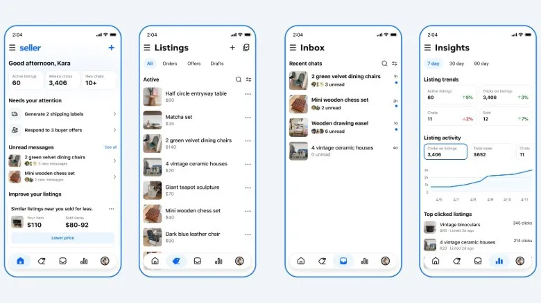 A screengrab showing new screens for the Seller Facebook Marketplace app