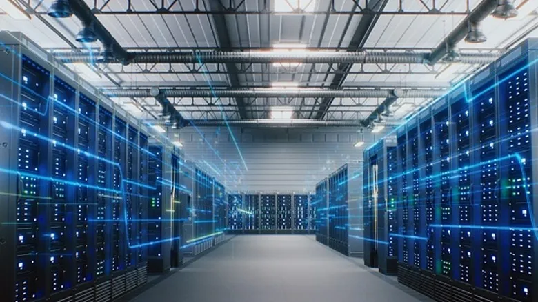 Data center with blue FX lines to represent data flow