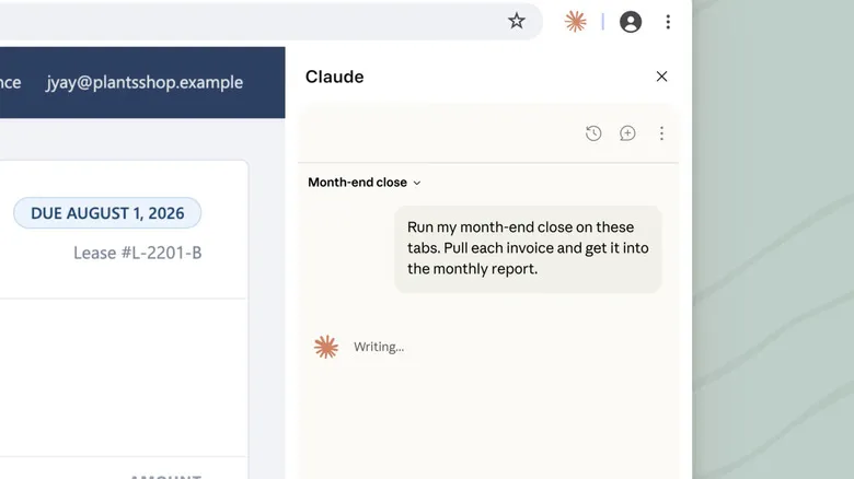 Screenshot showing the Claude in Chrome side panel with a user command to run a task on open tabs.