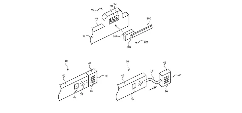 Technical patent-style diagrams showing a wall panel with a recessed electrical connector, detachable rectangular module, and cable, illustrating how the module plugs into and disconnects from the panel.