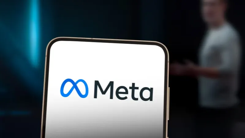 The Meta Platforms logo displayed on a mobile device screen with a person standing in the background