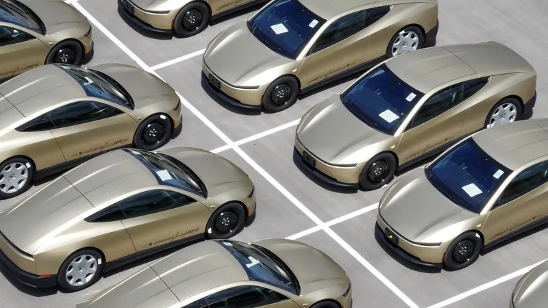 Tesla Cybercabs lined up at Giga Texas in Austin, on Apr. 8, 2026.