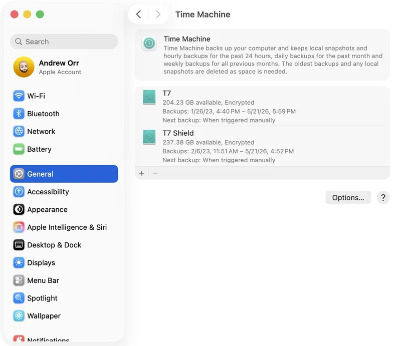 macOS System Settings window showing Time Machine preferences, with General selected in the sidebar and two external backup disks listed, each displaying available space, status, and next backup information