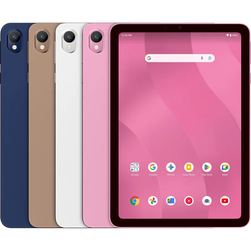 Four Walmart Onn Core 8 Android tablets in pink, brown, silver, and blue