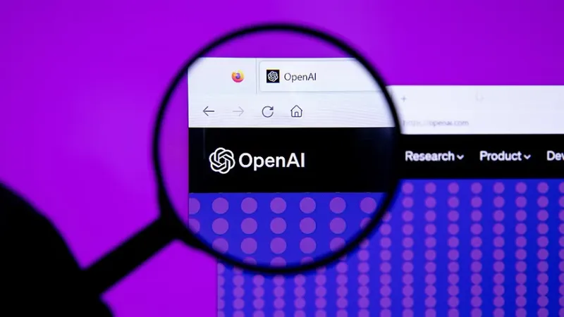A physical magnifying glass held over a computer screen showing the OpenAI website and logo against a purple background.