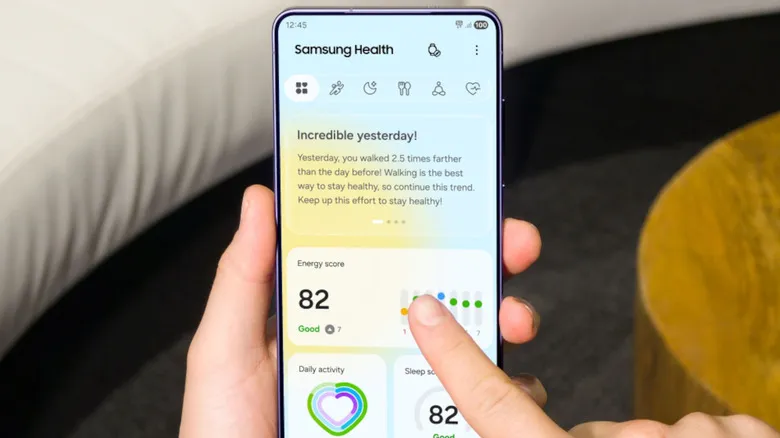 A phone showing the updated Samsung Health app.