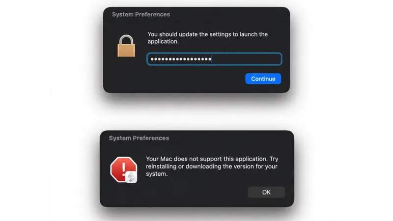 Two dark macOS System Preferences dialogs: top shows padlock, password field, Continue button; bottom shows red stop sign warning that the Mac does not support the application, with OK button.
