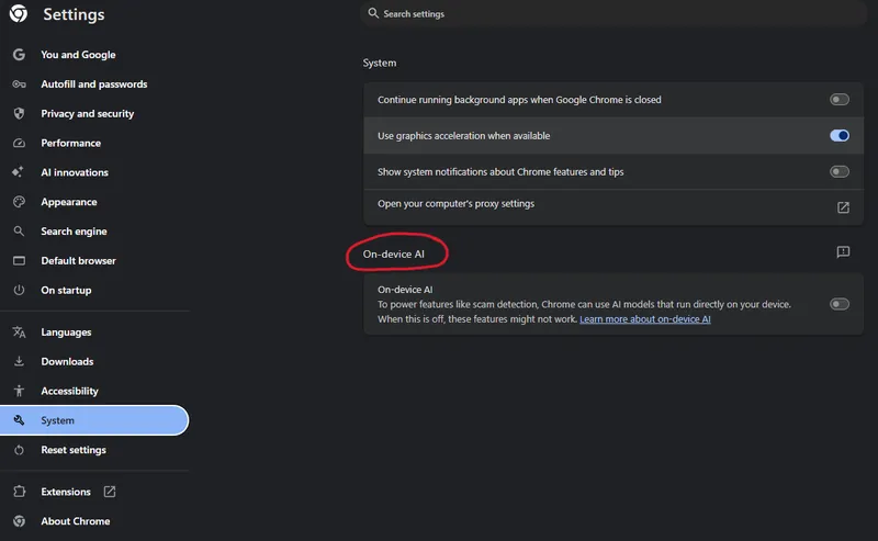 A screenshot of the Chrome browser settings page, showing the “On-device AI” toggle circled in red.