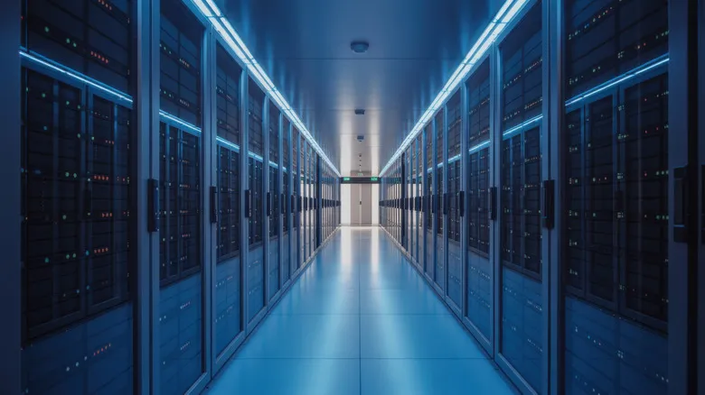 Server racks are shown in a data center in a stock photo