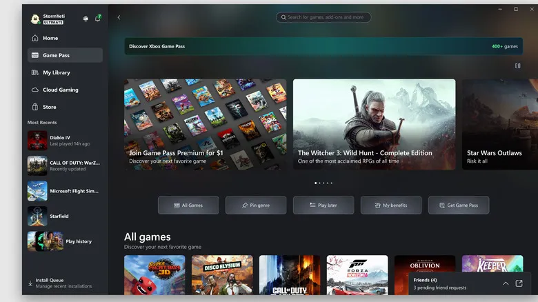 The dashboard for Xbox Game Pass library.