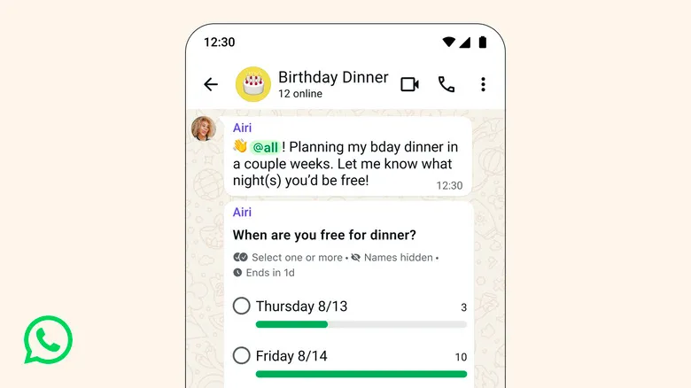 Illustration showing a WhatsApp conversation on a smartphone screen with an @all ping and a poll for planning a dinner outing.