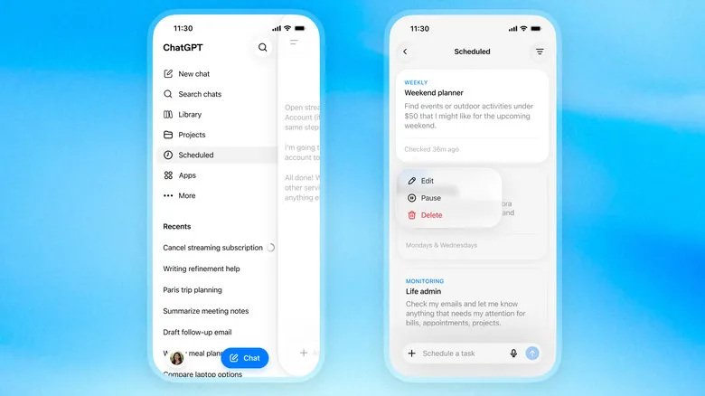 Two screenshots showing ChatGPT's new page for scheduling tasks.
