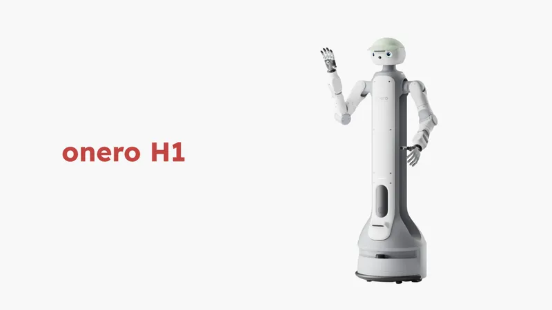 a tall humanoid robot waving next to red text that says Onero H1