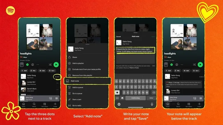 Illustration of four smartphone screens demonstrating how to add a User Note to a playlist track in Spotify.