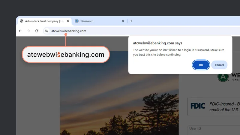 A screenshot of a web browser with a pop-up warning from 1Password warning of a potential phishing attack.