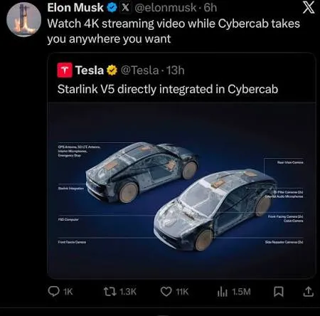 Tesla confirms Starlink V5 is directly integrated into the Cybercab. 🚕🛰️