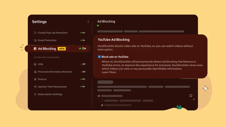 Illustration of a settings menu for enabling Ad Blocking on YouTube in the DuckDuckGo browser.