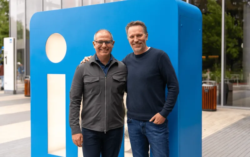 New LinkedIn CEO Daniel Shapero, left, and Ryan Roslansky, EVP of LinkedIn and Microsoft Office, at LinkedIn headquarters.