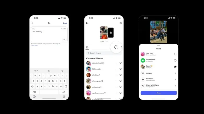 Illustration of three smartphones showing features from the Instagram Plus subscription