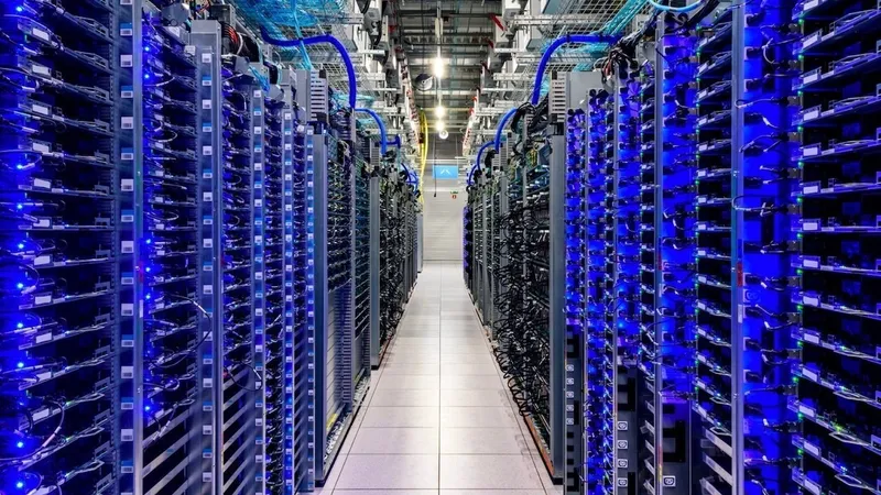 Long aisle between tall server racks glowing blue, packed with cables and hardware, in a brightly lit high-tech data center or computer server room