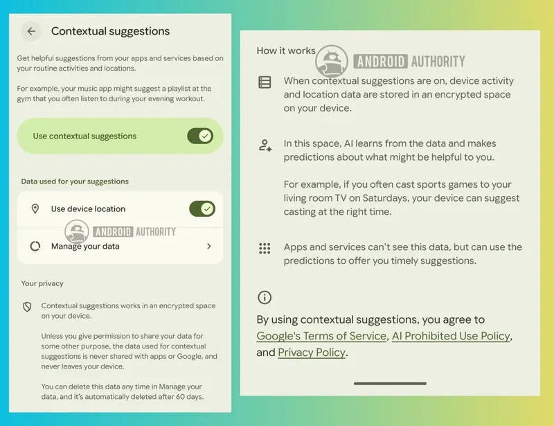 Screenshots of Android’s new contextual suggestions feature settings.