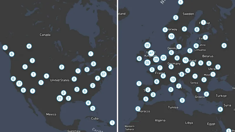 Two screenshots of the BlackVue app showing the location of various dashcams in the U.S. and Europe, but zoomed out enough that their precise locations aren't discernable.