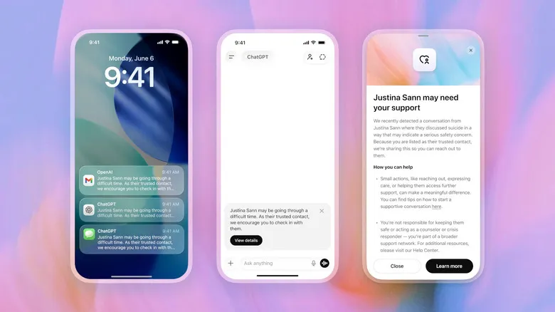 Screenshots showing ChatGPT's new Trusted Contact feature.