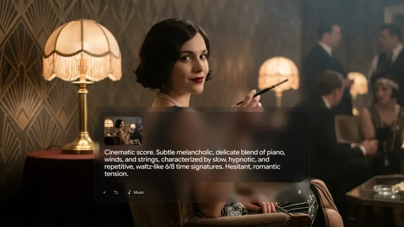 Google Lyria 3 screenshot showing roaring 20s woman