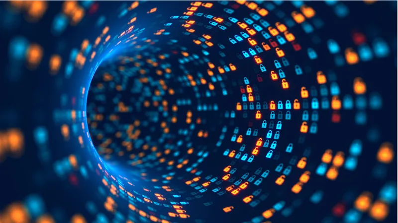 Cybersecurity lock icons in digital data tunnel - stock photo