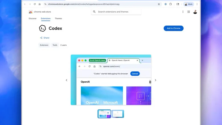 Screenshot of how to add the Chrome extension for Codex.