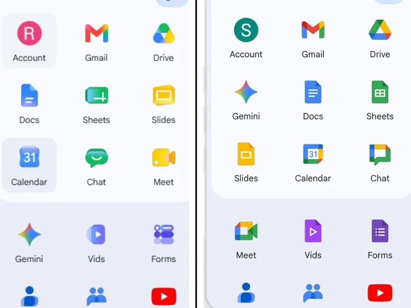 Two side-by-side screenshots of the Google Workspace app icons before and after a redesign