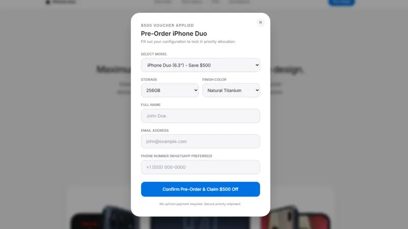 Qatlanan iPhone Duo-nun saxta saytı açılan kimi iPhone-a hücum edir
