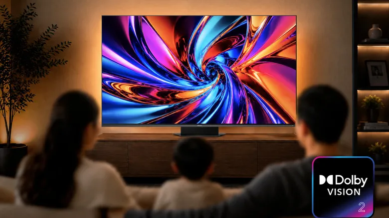 A family sits together and watches swirling lights.