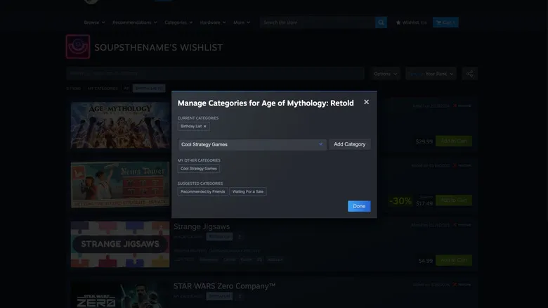 A screenshot of the new category tool on Steam's wishlist page.