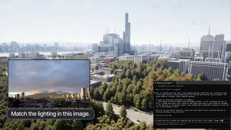 Screenshot from a demo of a developer using Claude Code in Unreal Engine. They asked the gen AI tool to replicate the lighting from an image of a city and sky.