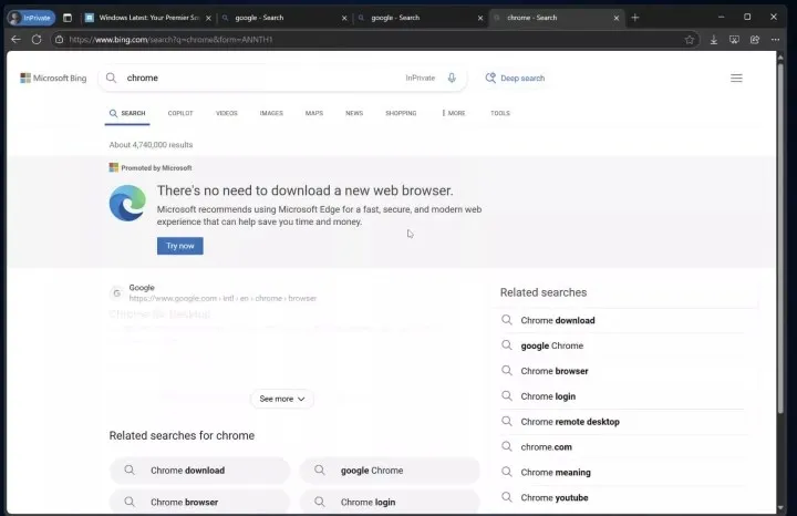 Bing Chrome gizlədir