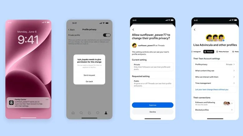 Screenshots of four phones showing elements of Parental Supervision for teen accounts on Threads