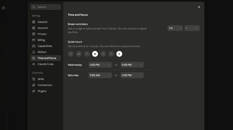 A screenshot of Claude's Time and focus menu where you can set break reminders and quiet hours.
